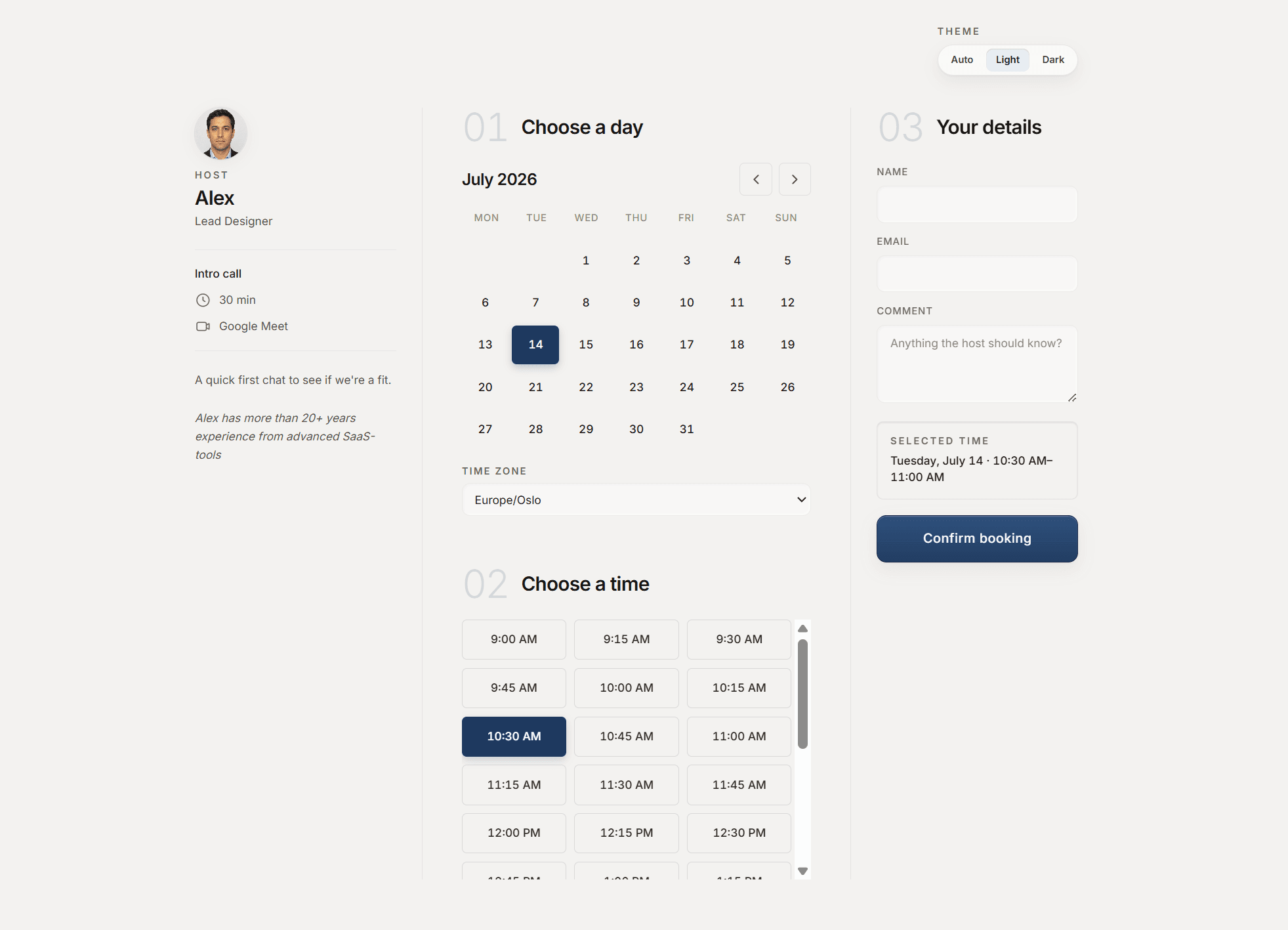 A Duplipost booking page